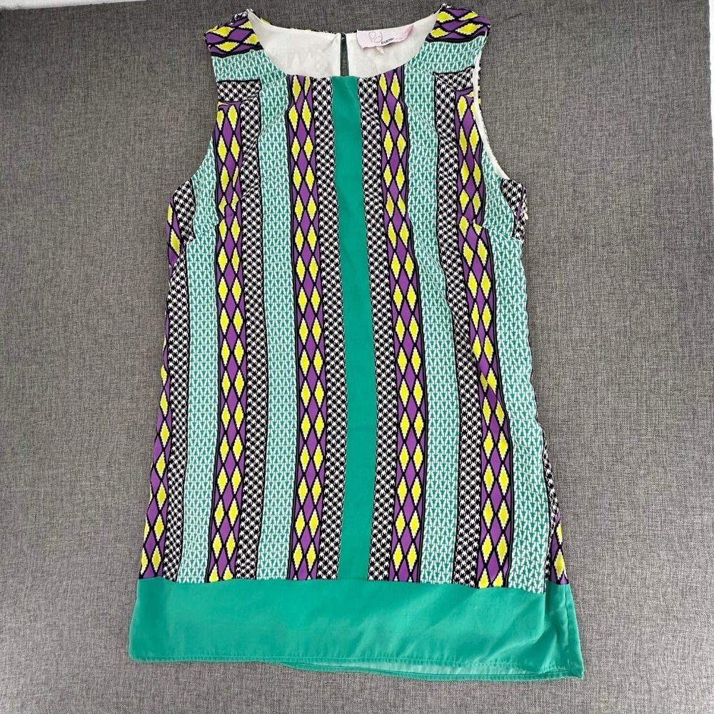 Paperdolls Shift Dress‎ Large Green Purple Yellow White Black Sleeveless Round